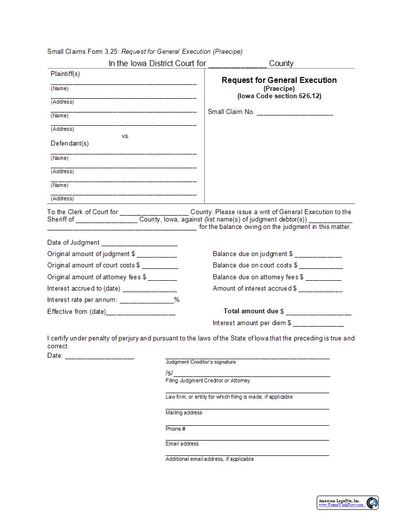 Request For General Execution (Praecipe) {eForm3.25} | Pdf Fpdf Docx | Iowa