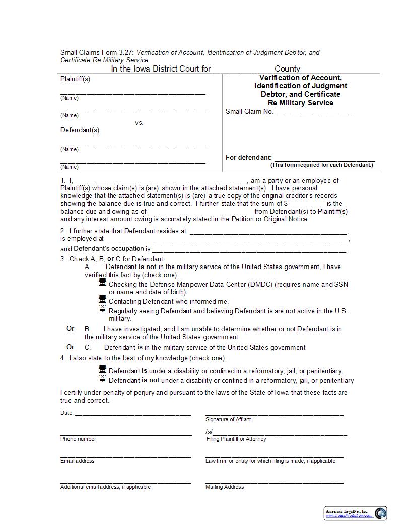 Verification Of Account Certificate Re Military Service {eForm3.27} | Pdf Fpdf Docx | Iowa