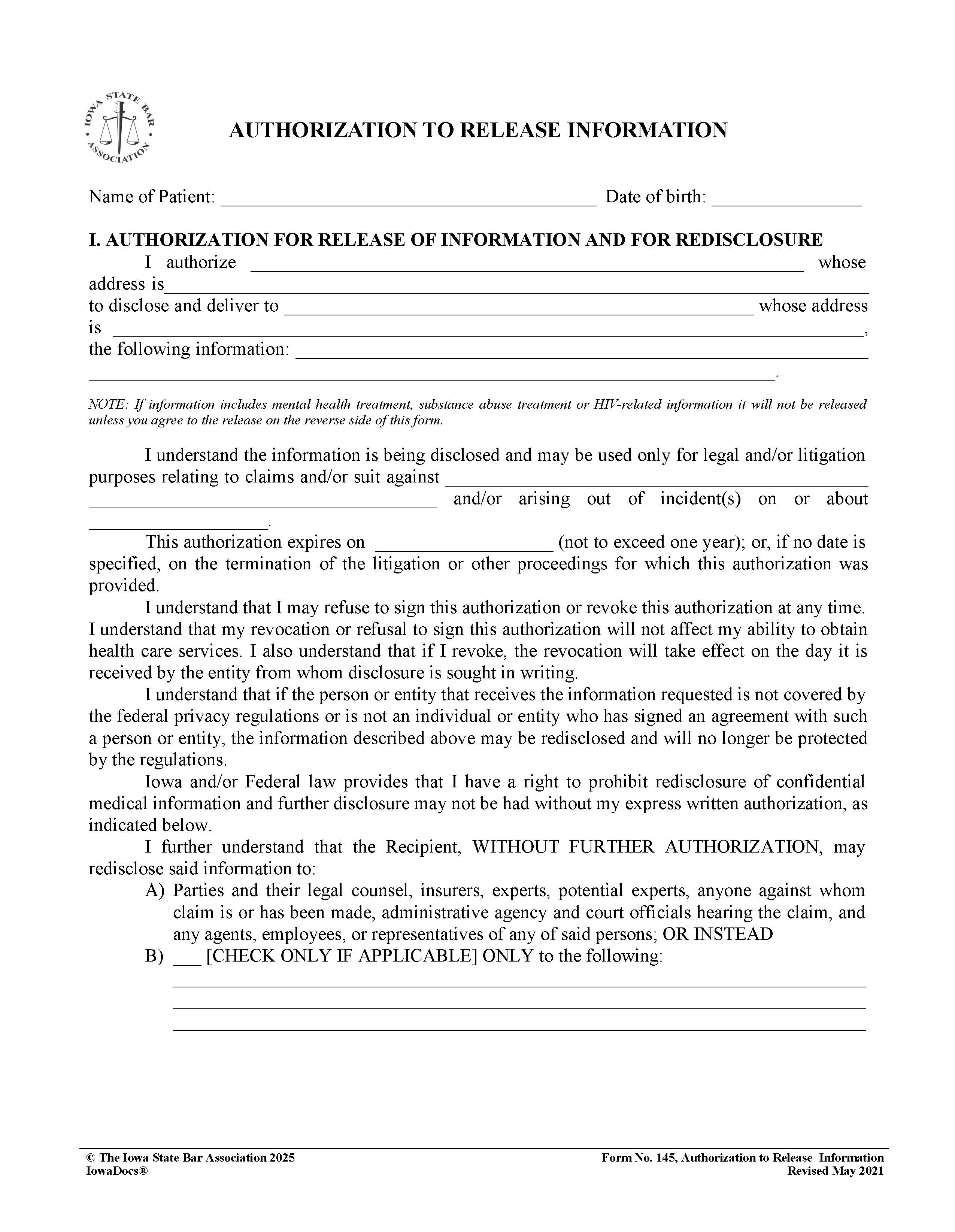 Authorization To Release Information {145} | Pdf Fpdf Docx | Iowa