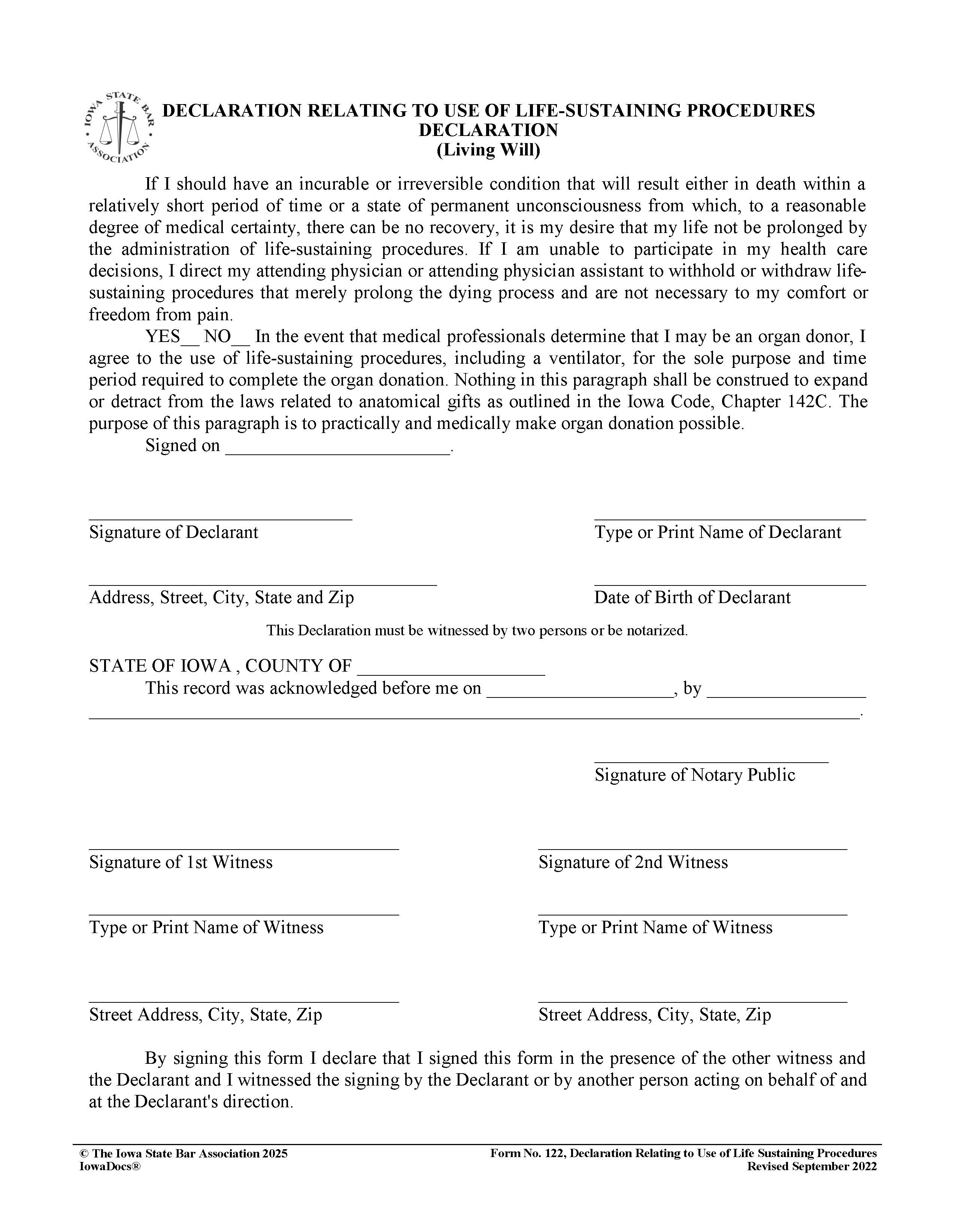 Declaration Relating To Use Of Life-Sustaining Procedures (Living Will) {122} | Pdf Fpdf Docx | Iowa