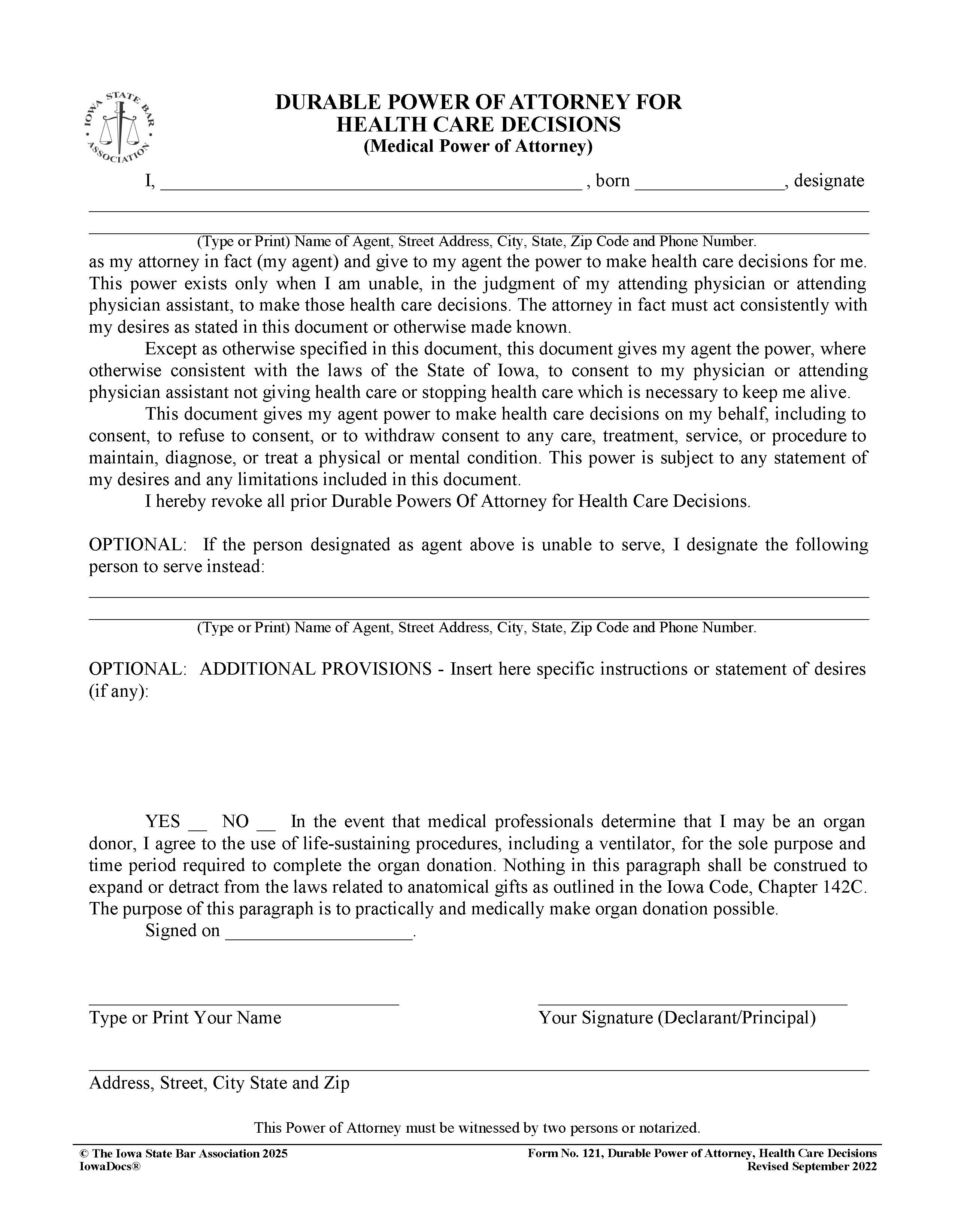 Durable Power Of Attorney For Health Care Decisions (Medical Power Of Attorney) {121} | Pdf Fpdf Docx | Iowa