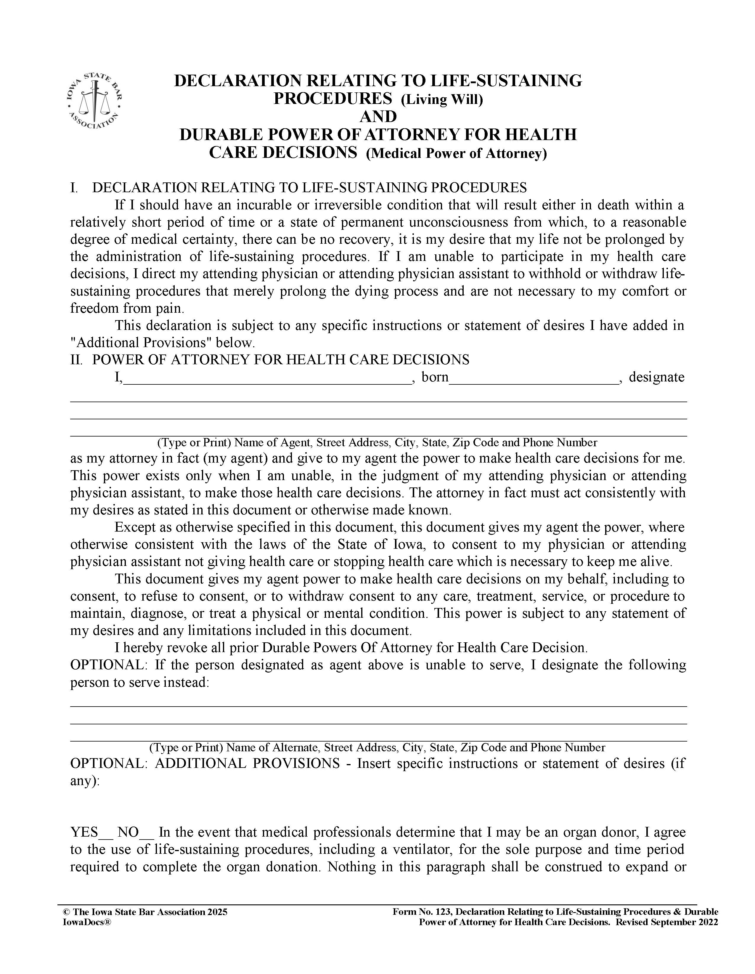 Living Will And Medical Power Of Attorney {123} | Pdf Fpdf Docx | Iowa