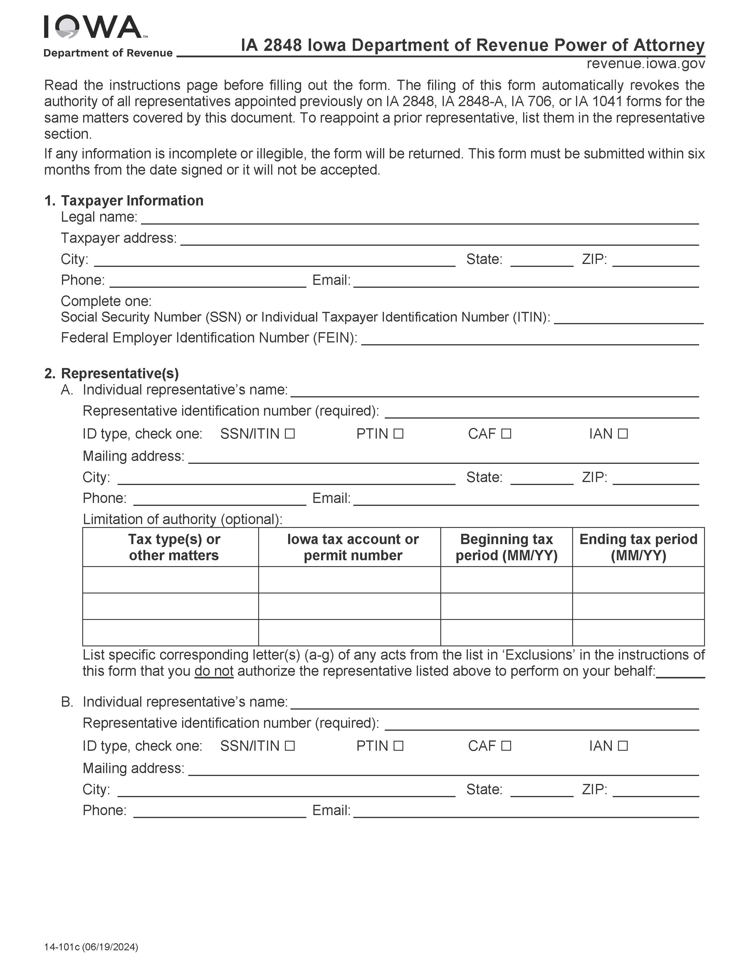 Power Of Attorney (Department Of Revenue) {IA 2848} | Pdf Fpdf Docx | Iowa