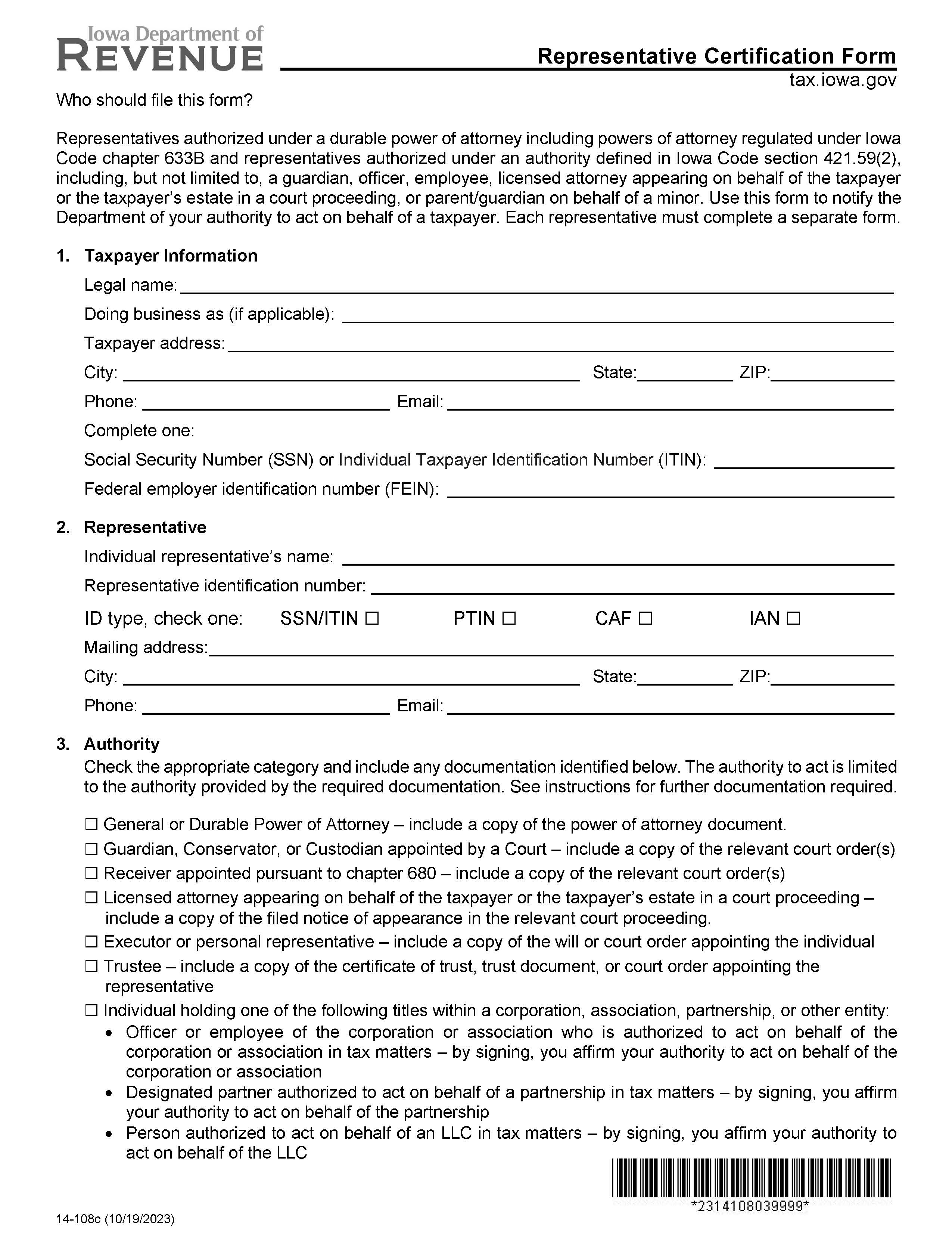 Representative Certification Form (Department Of Revenue) (14-108) | Pdf Fpdf Docx | Iowa