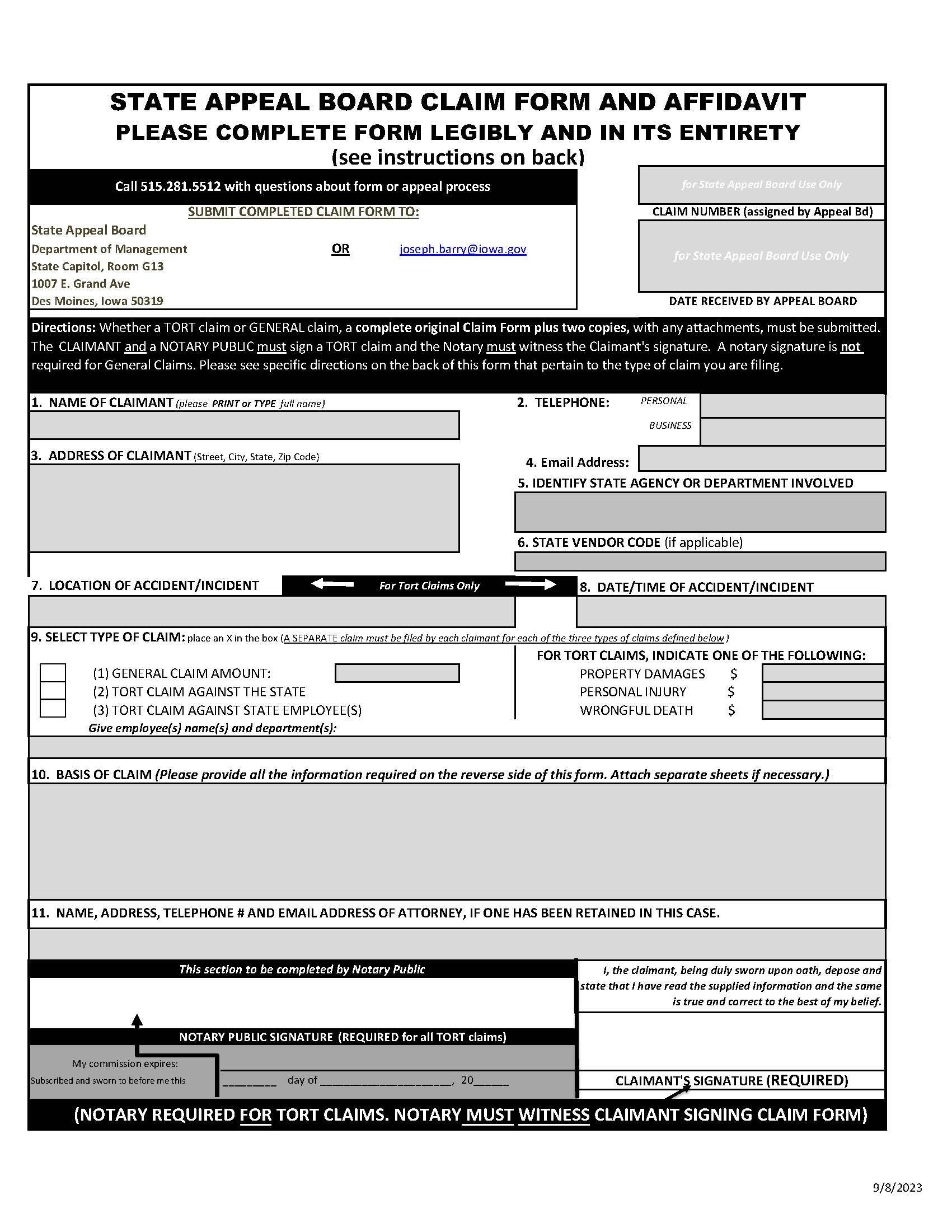 State Appeal Board Claim Form And Affidavit | Pdf Fpdf Doc Docx | Iowa