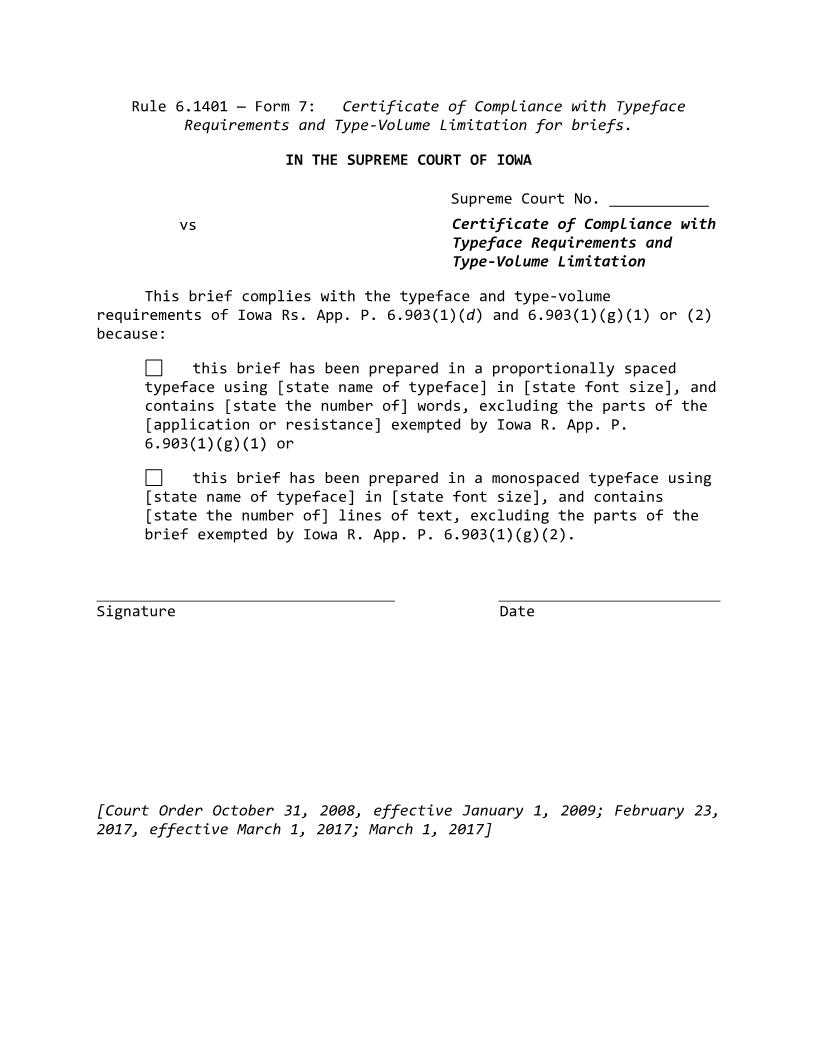 Certificate Of Compliance Typeface Requirements Type-Volume Limitation For Briefs {Rule 6.1401 Form 7} | Pdf Fpdf Docx | Iowa