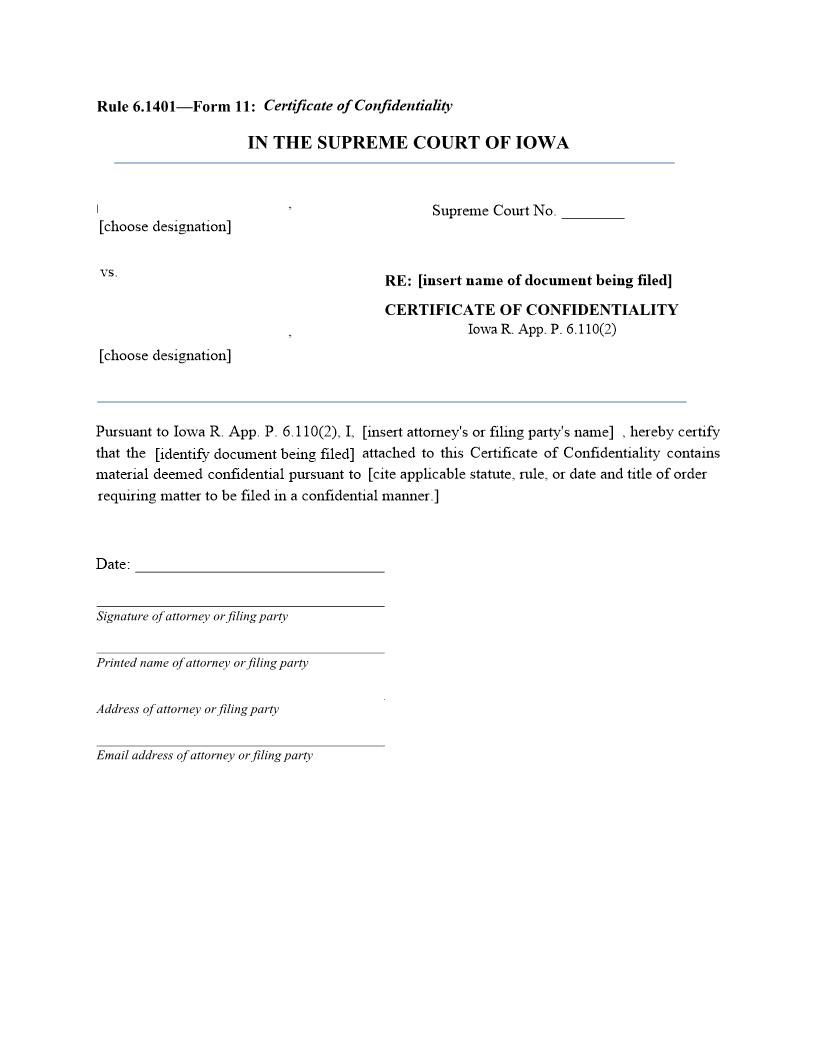 Certificate Of Confidentiality {Rule 6.1401 Form 11} | Pdf Fpdf Docx | Iowa
