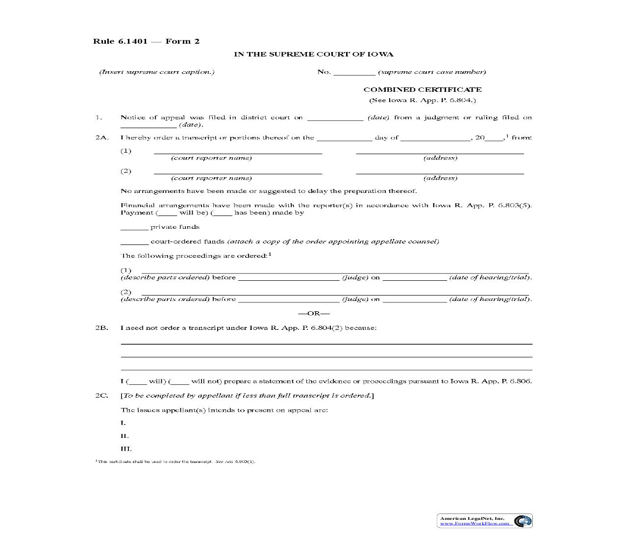Combined Certificate {Rule 6.1401 Form 2} | Pdf Fpdf Doc Docx | Iowa