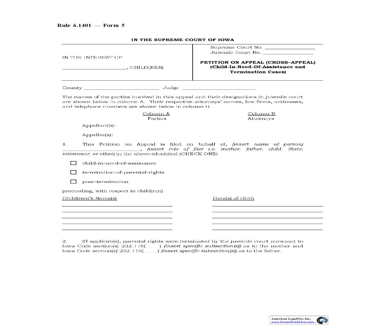 Petition On Appeal (Cross-Appeal) (Child In Need Of Assistance And Termination Cases) {Rule 6.1401 Form 5} | Pdf Fpdf Doc Docx | Iowa
