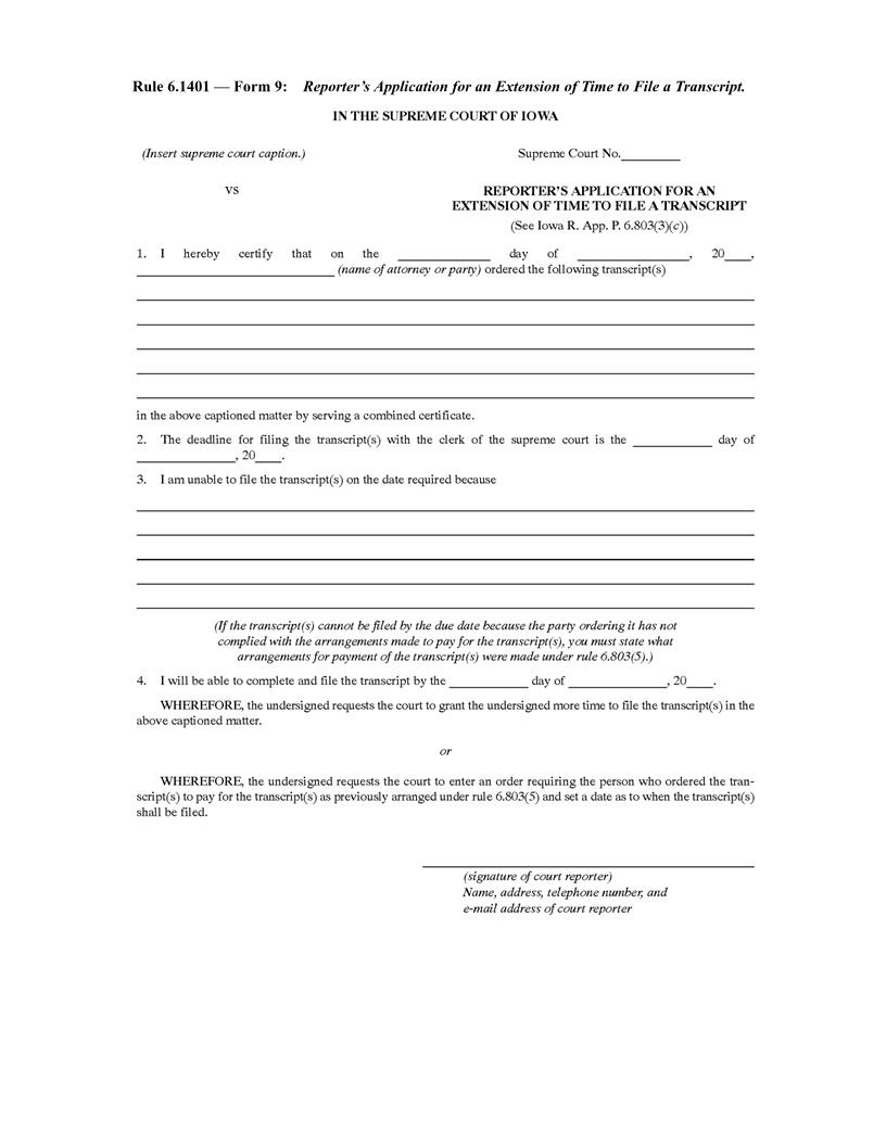 Reporters Application For An Extension Of Time To File A Transcript {Rule 6.1401 Form 9} | Pdf Fpdf Docx | Iowa