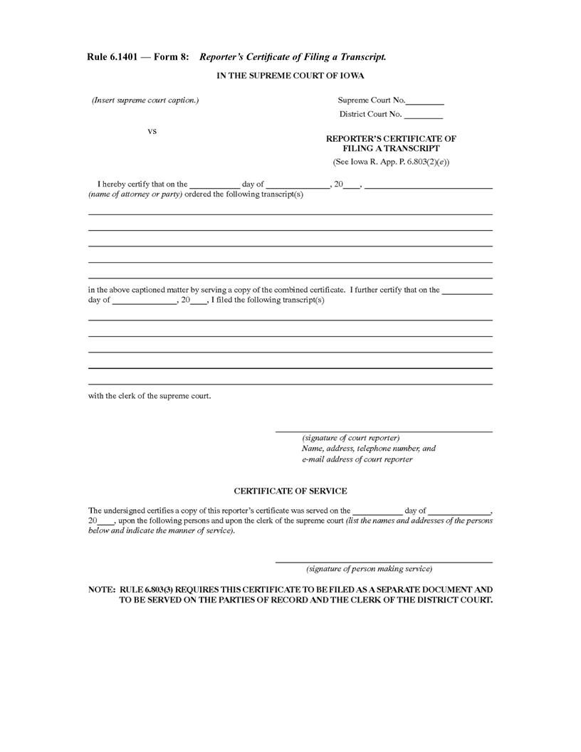 Reporters Certificate Of FIling A Transcript {Rule 6.1401 Form 8} | Pdf Fpdf Docx | Iowa