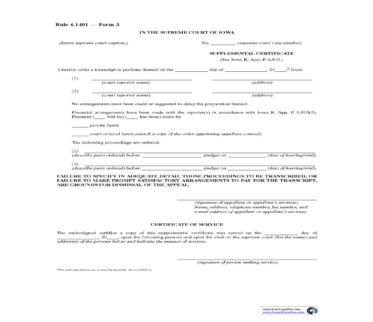 Supplemental Certificate {Rule 6.1401 Form 3} | Pdf Fpdf Doc Docx | Iowa