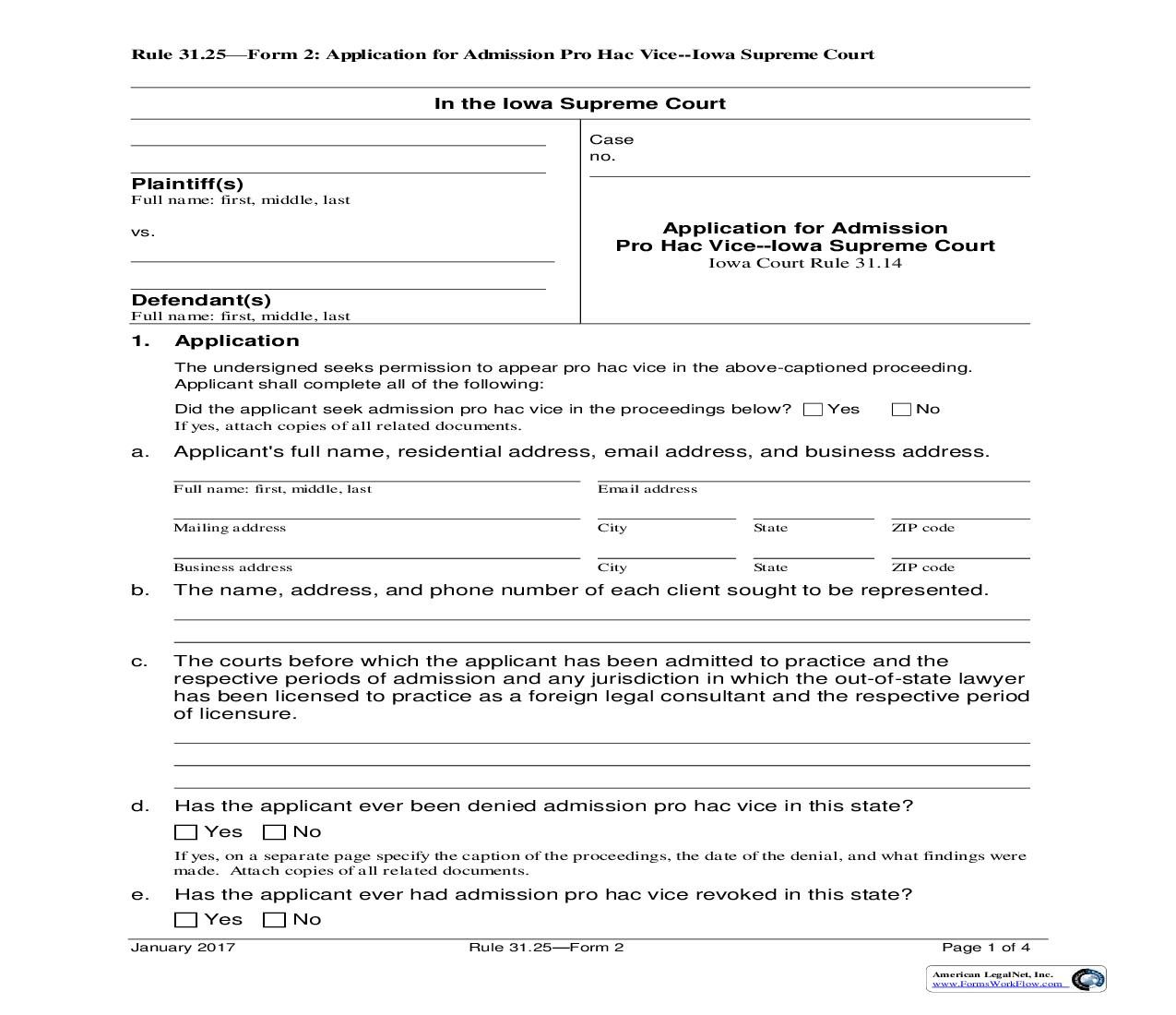 Application For Admission Pro Hac Vice Iowa Supreme Court {Rule 31.25 Form 2} | Pdf Fpdf Doc Docx | Iowa