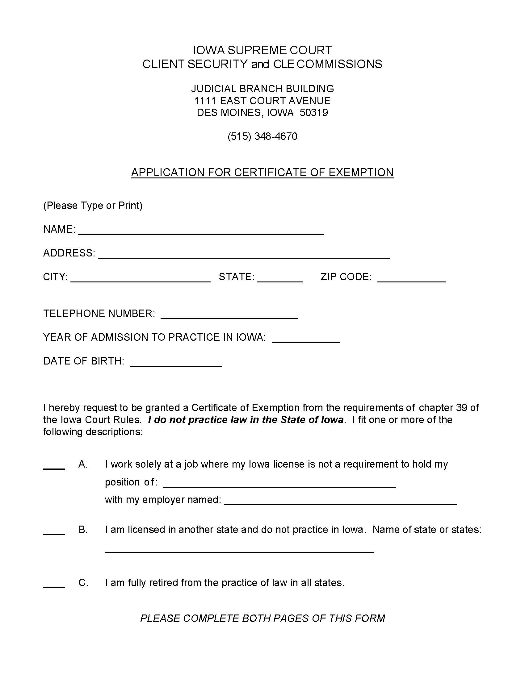 Application For Certificate Of Exemption | Pdf Fpdf Doc Docx | Iowa