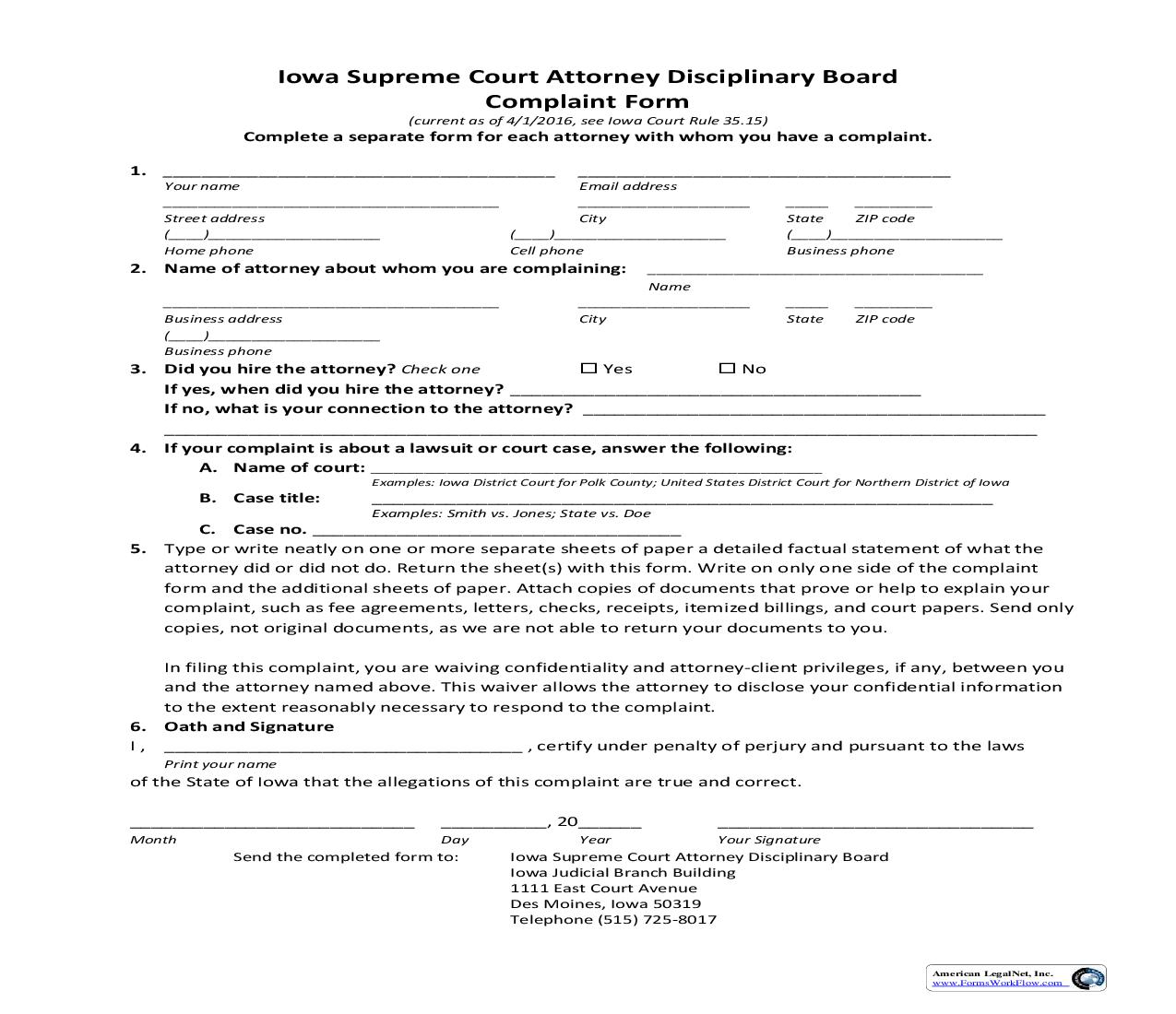 Attorney Disciplinary Board Complaint Form | Pdf Fpdf Doc Docx | Iowa
