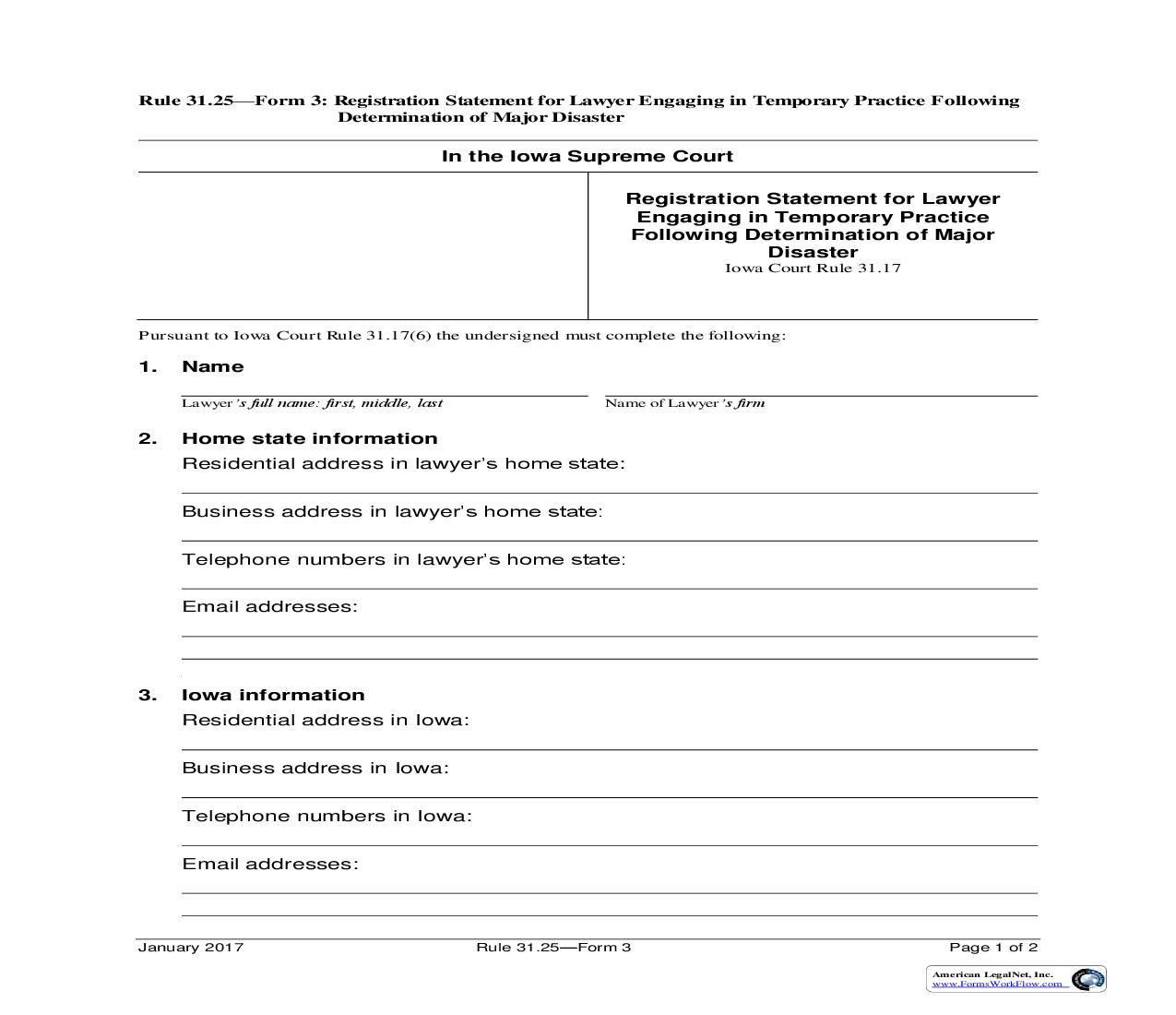 Registration Statement For Temp Practice Following Major Disaster {Rule 31.25 Form 3} | Pdf Fpdf Doc Docx | Iowa