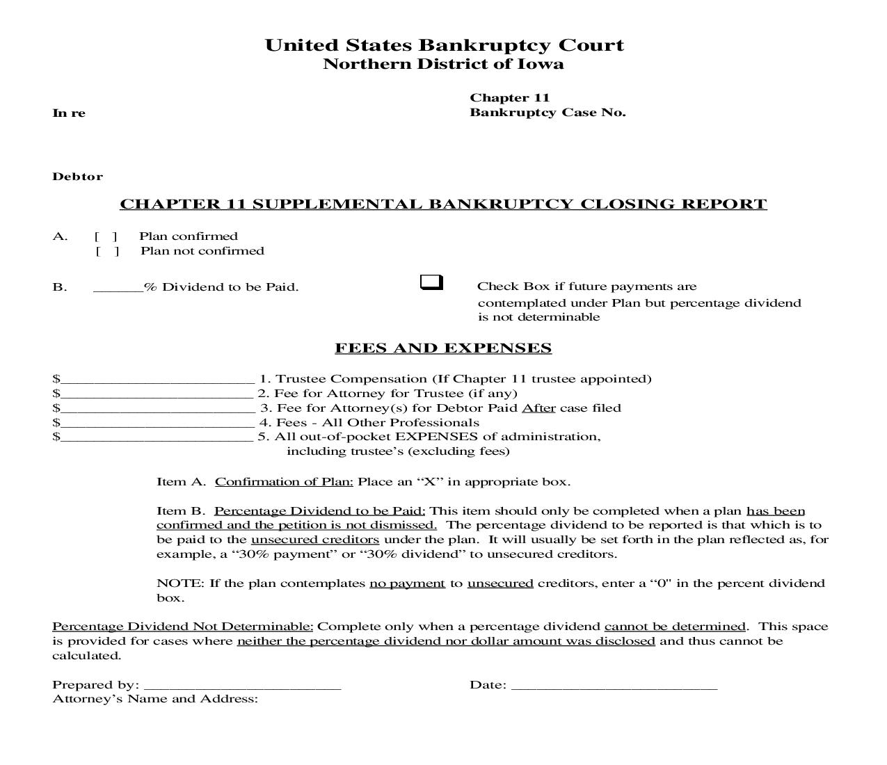 Chapter 11 Supplemental Bankruptcy Closing Report | Pdf Fpdf Doc Docx | Iowa