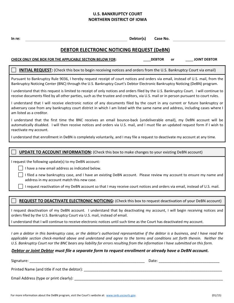 Debtor Electronic Noticing Request (DeBN) | Pdf Fpdf Docx | Iowa