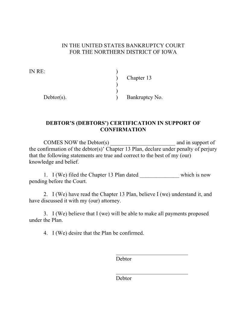 Debtors Certification In Support Of Confirmation {IANB DCSC} | Pdf Fpdf Docx | Iowa