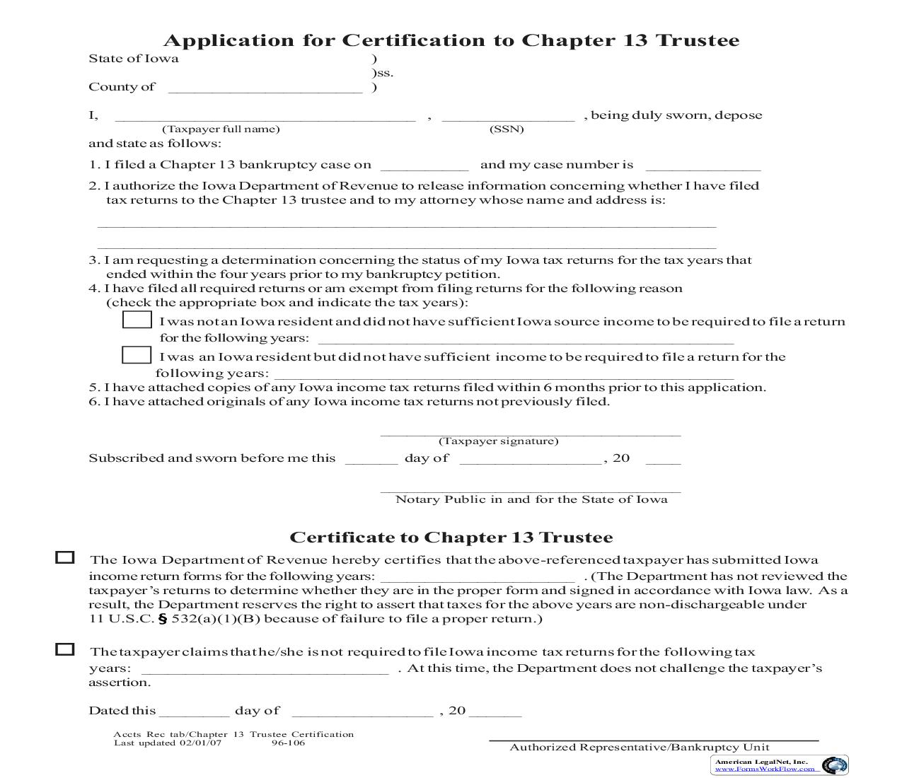 Application For Certification To Chapter 13 Trustee | Pdf Fpdf Doc Docx | Iowa
