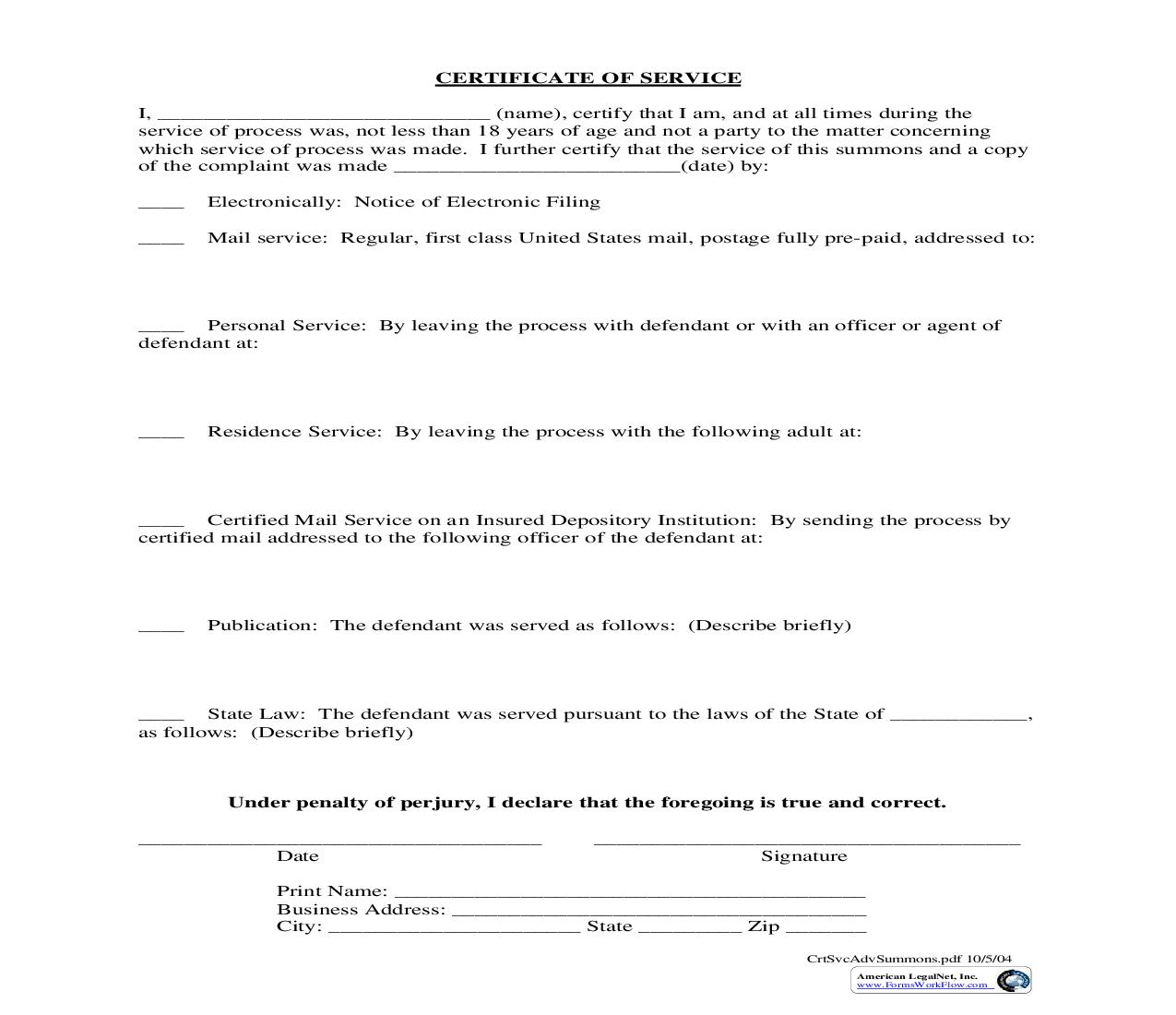 Certificate Of Service (Adversary Summons) | Pdf Fpdf Doc Docx | Iowa