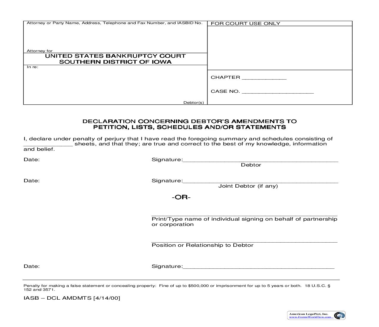 Declaration Concerning Debtors Amendments To Petition Lists Schedules And-Or Statements | Pdf Fpdf Doc Docx | Iowa