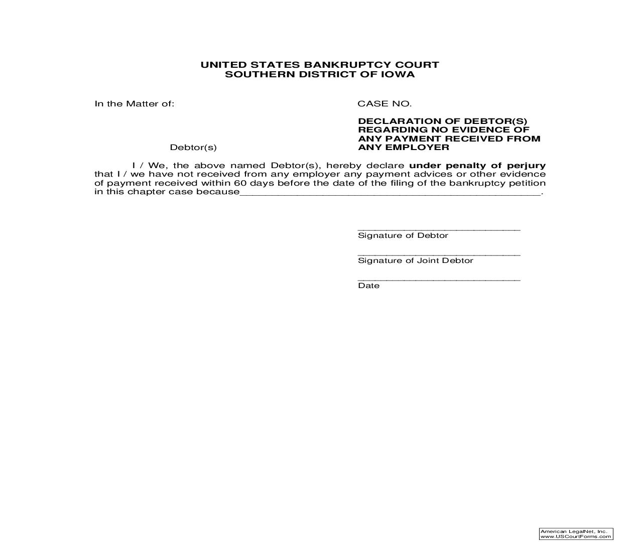 Declaration Of Debtors Regarding No Evidence Of Any Payment Received From Any Employer | Pdf Fpdf Doc Docx | Iowa