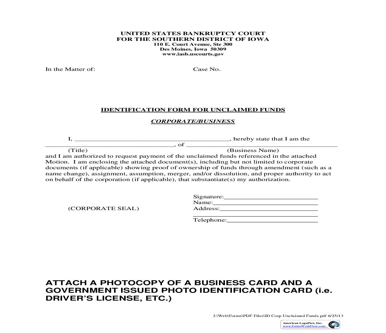 Identification Form For Unclaimed Funds (Corporate-Business) | Pdf Fpdf Doc Docx | Iowa