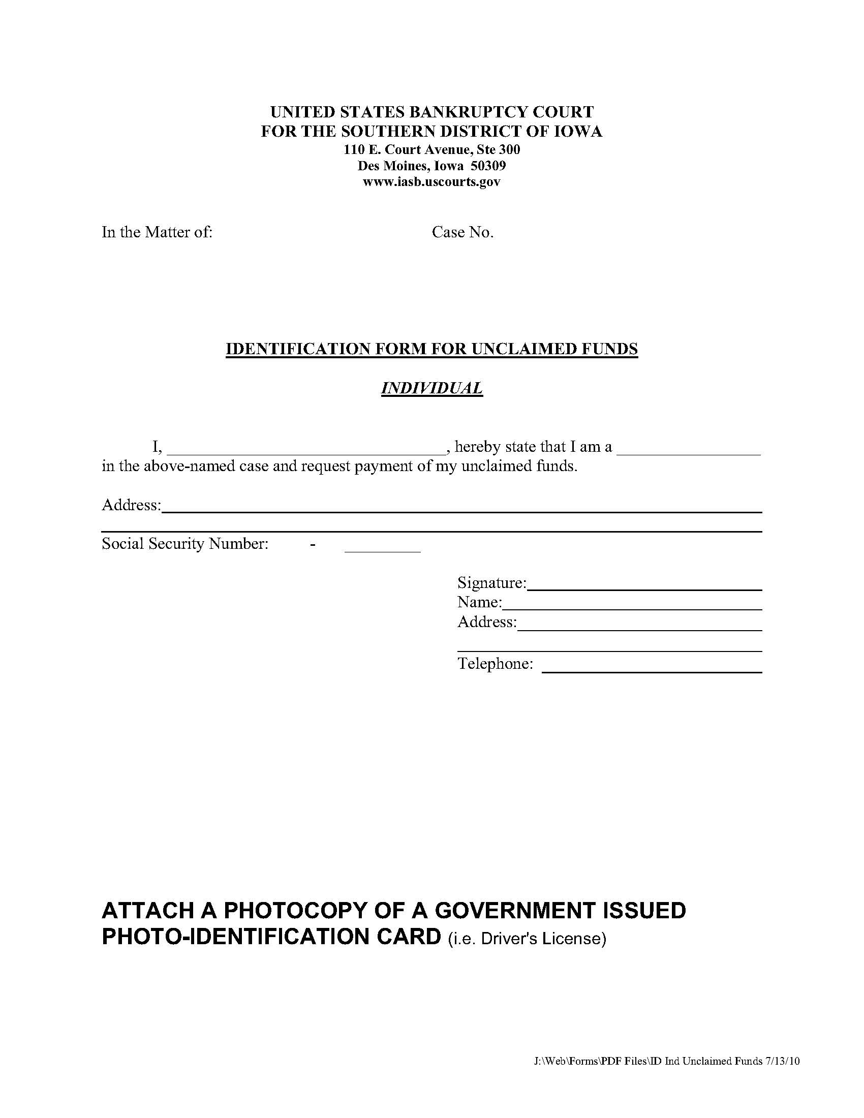 Identification Form For Unclaimed Funds (Individual) | Pdf Fpdf Doc Docx | Iowa