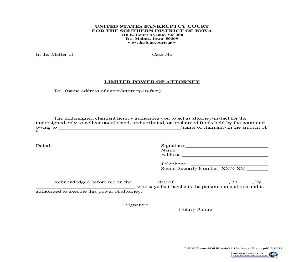 Limited Power Of Attorney (Unclaimed Funds) | Pdf Fpdf Doc Docx | Iowa