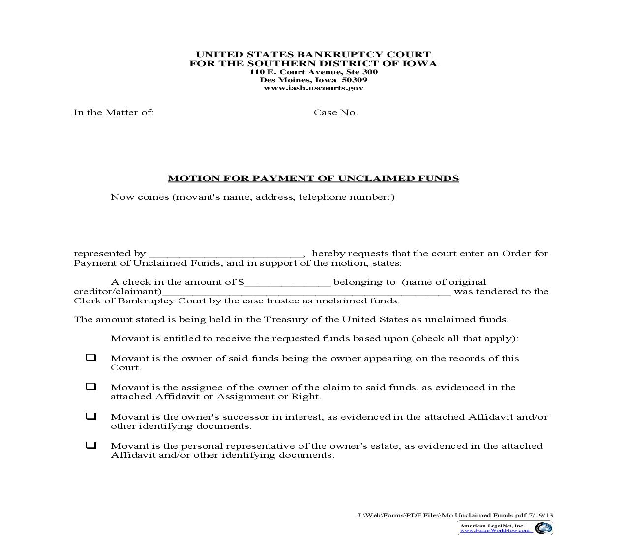 Motion For Payment Of Unclaimed Funds | Pdf Fpdf Doc Docx | Iowa