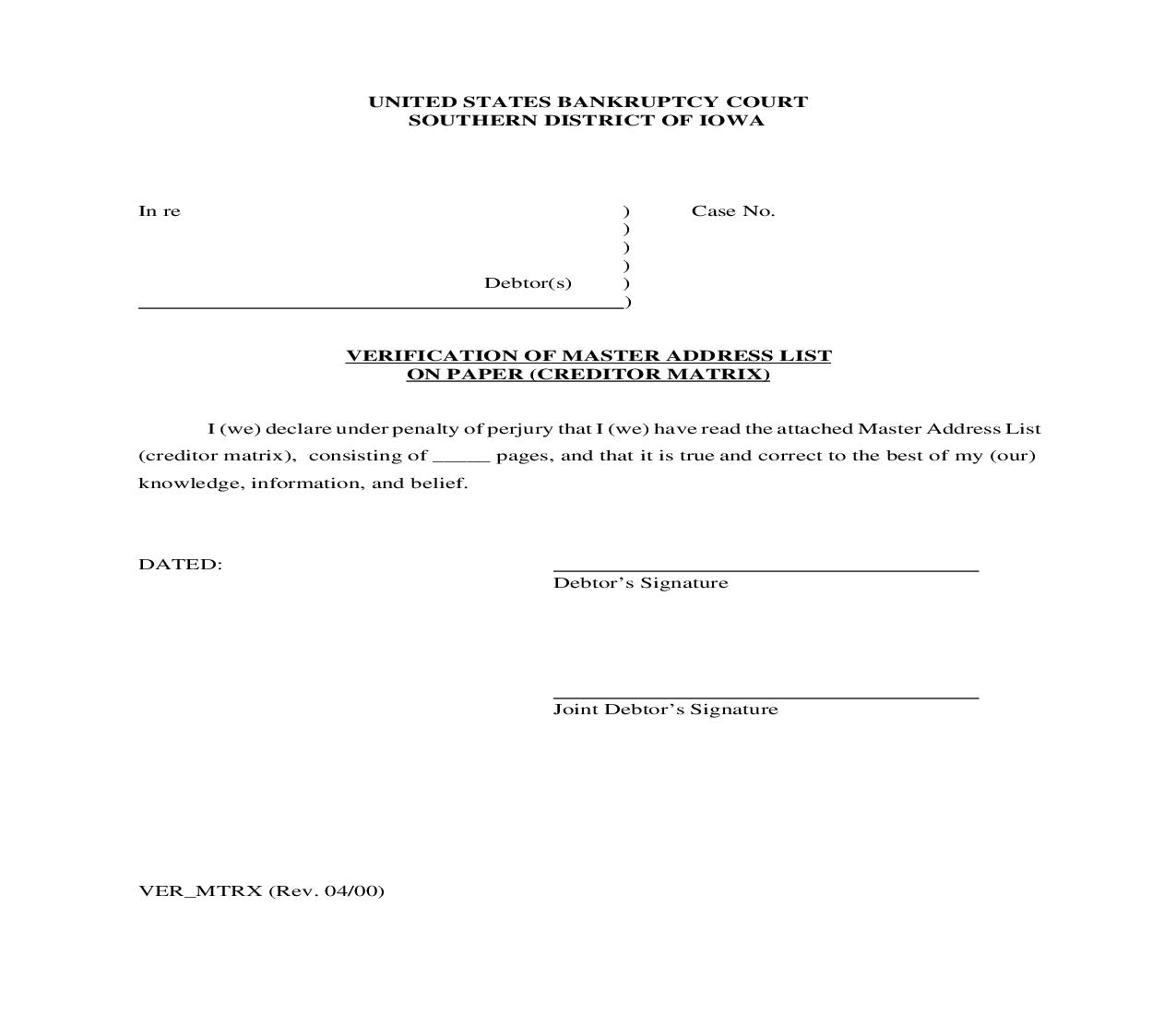 Verification Of Master Address List On Paper (Creditor Matrix) | Pdf Fpdf Doc Docx | Iowa