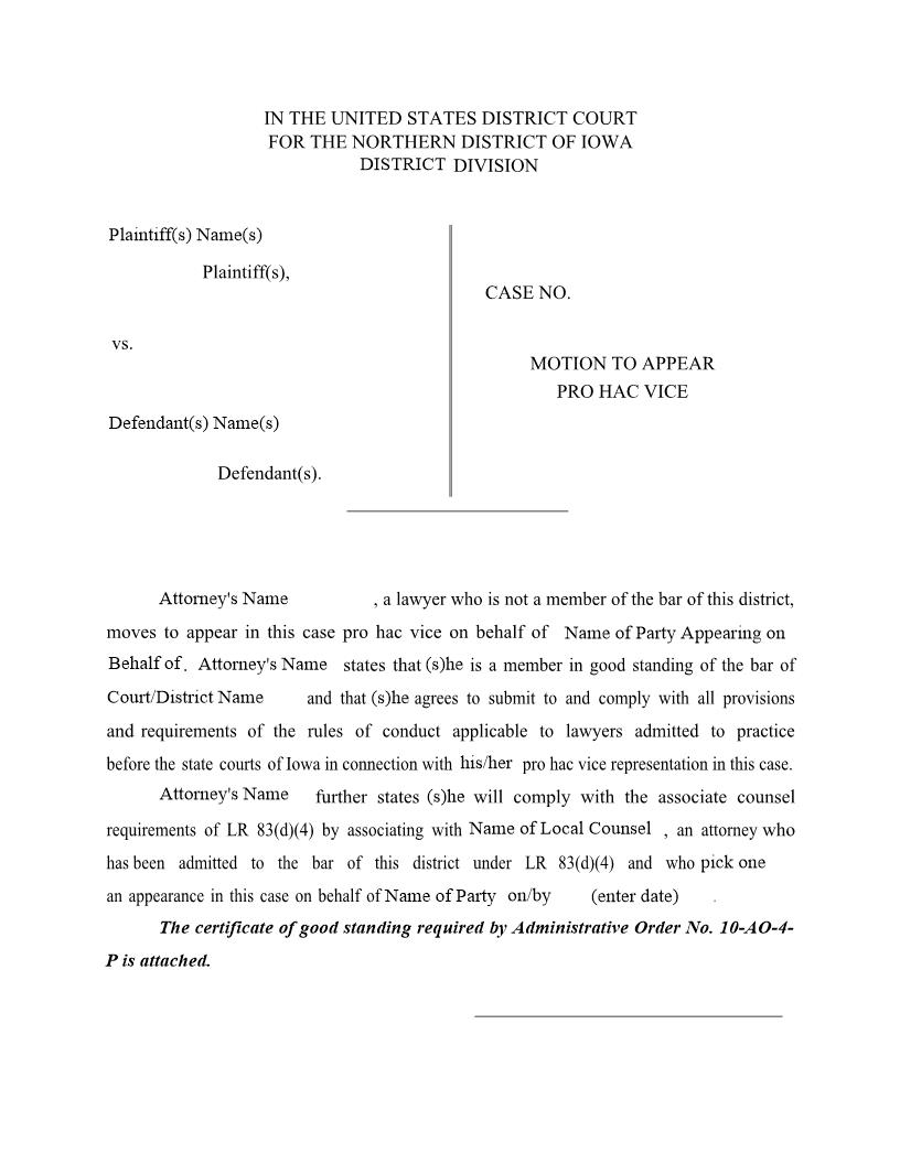 Motion To Appear Pro Hac Vice | Pdf Fpdf Docx | Iowa