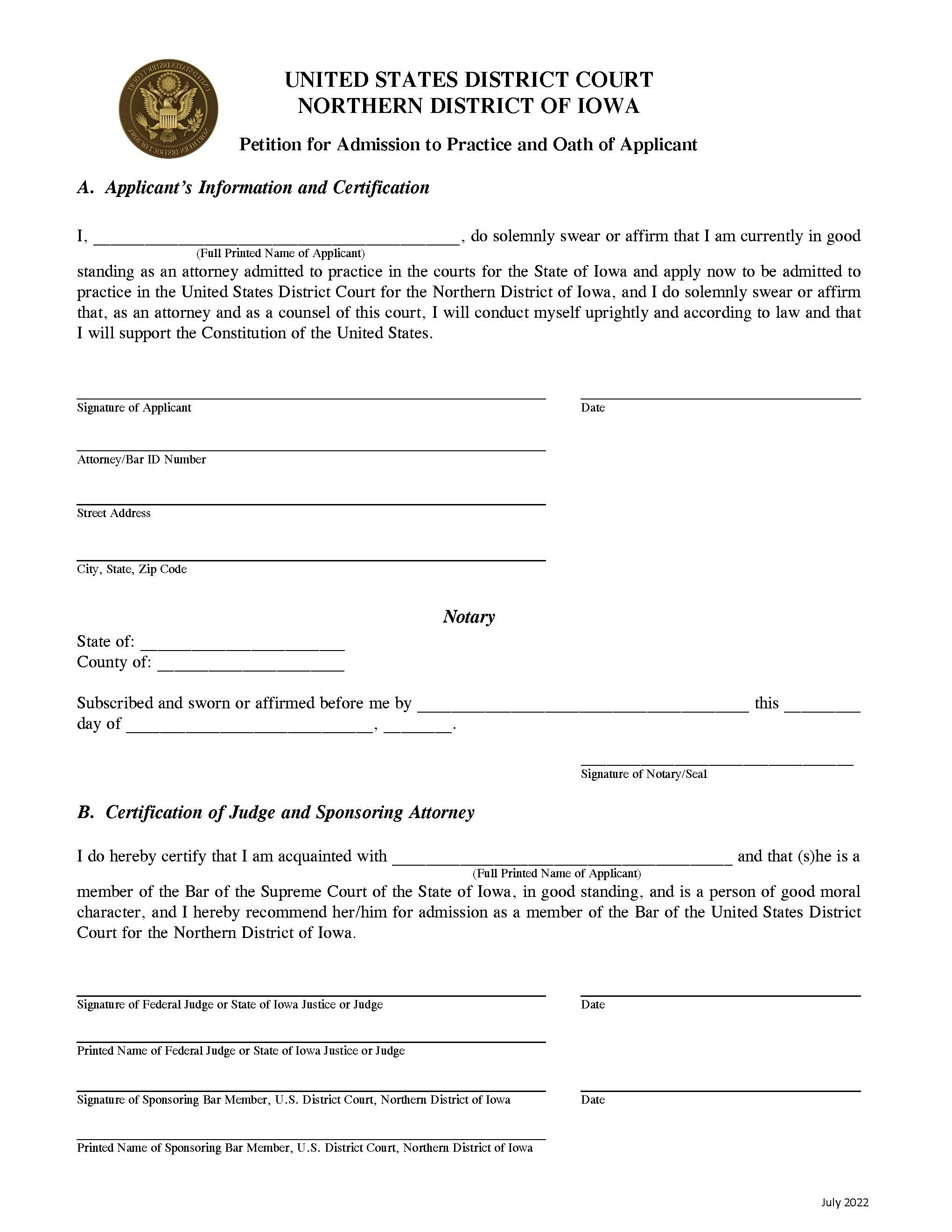 Petition For Admission To Practice And Oath Of Applicant {IAND PAPO} | Pdf Fpdf Doc Docx | Iowa