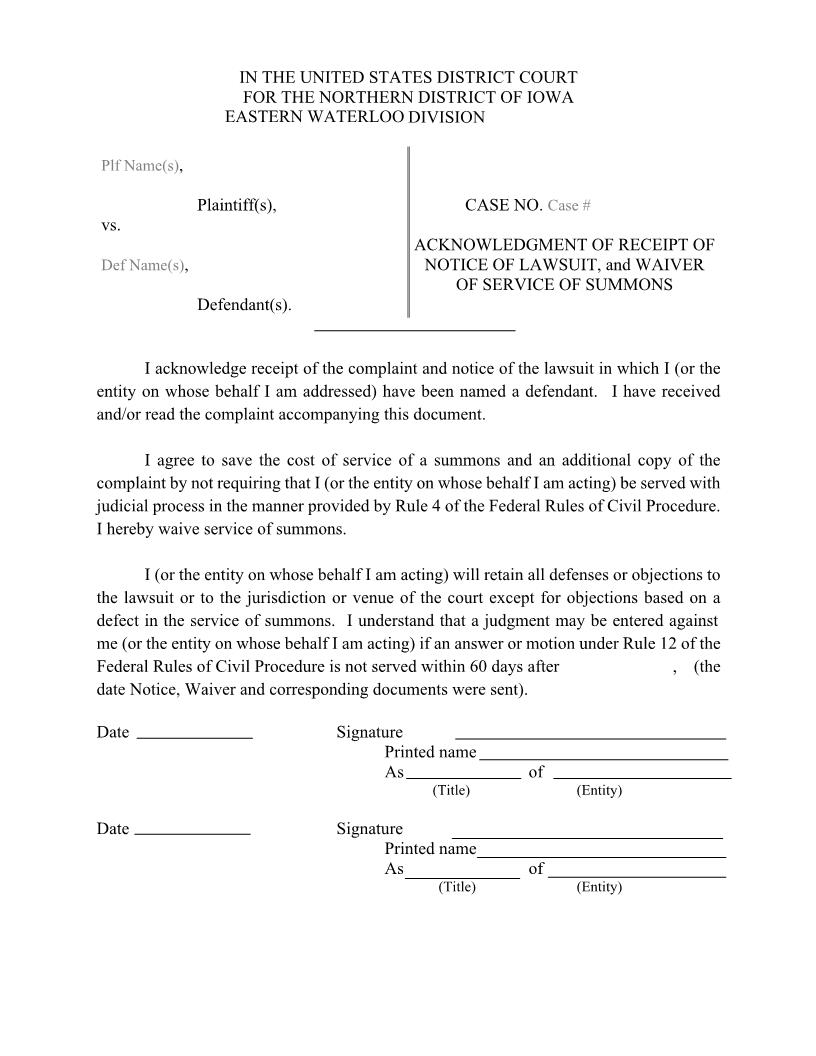 Acknowledgment Receipt Notice Of Lawsuit Waiver Of Service Of Summons | Pdf Fpdf Docx | Iowa