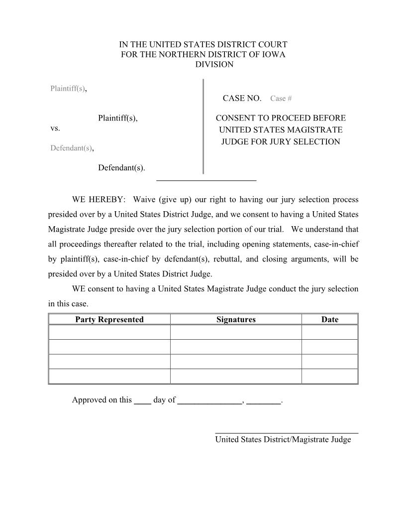 Consent To Proceed Before US Magistrate Judge For Jury Selection | Pdf Fpdf Docx | Iowa
