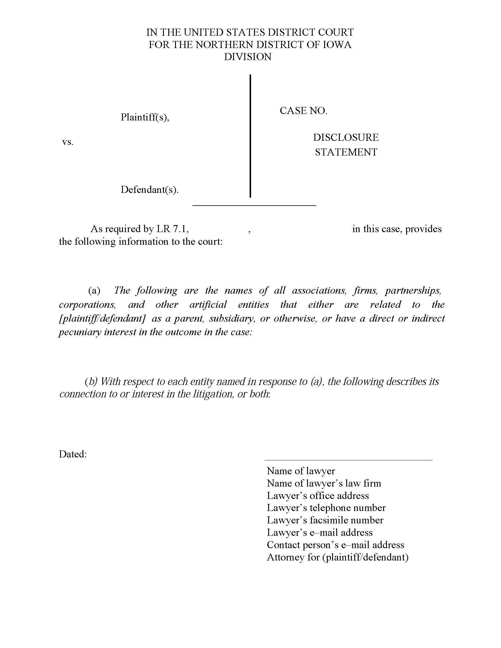 Disclosure Statement | Pdf Fpdf Docx | Iowa