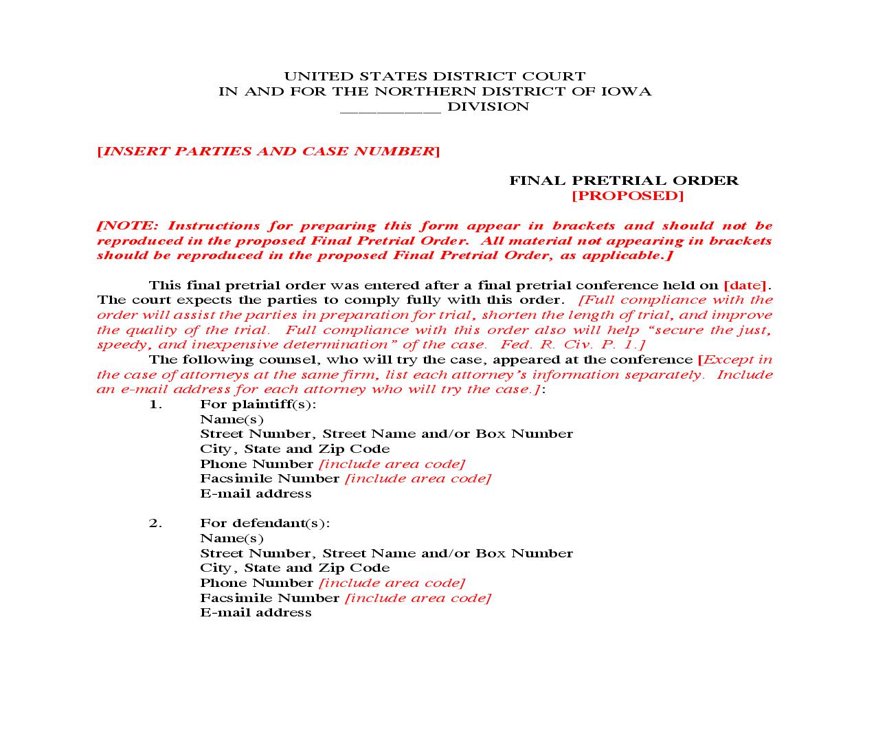 Proposed Final Pretrial Order (Sample And Form) | Pdf Fpdf Doc Docx | Iowa