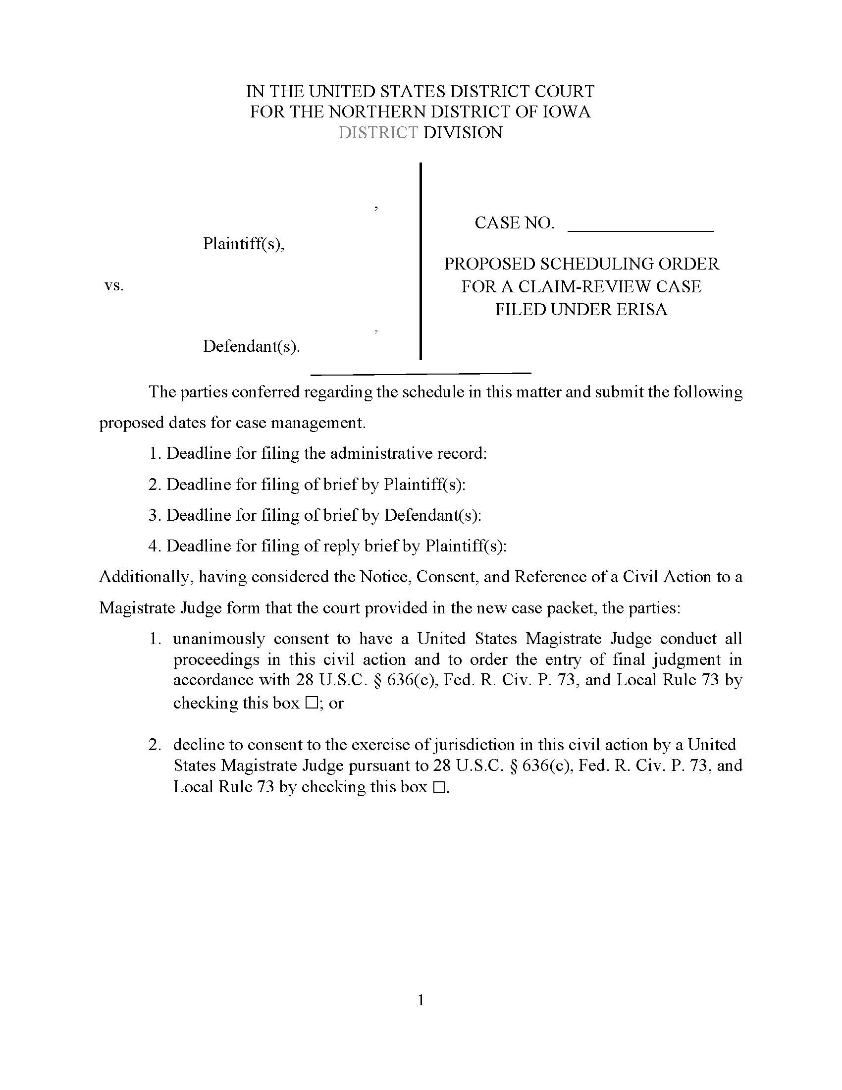Proposed Scheduling Order For A Claim-Review Case Filed Under ERISA {IAND PSOCRE} | Pdf Fpdf Docx | Iowa