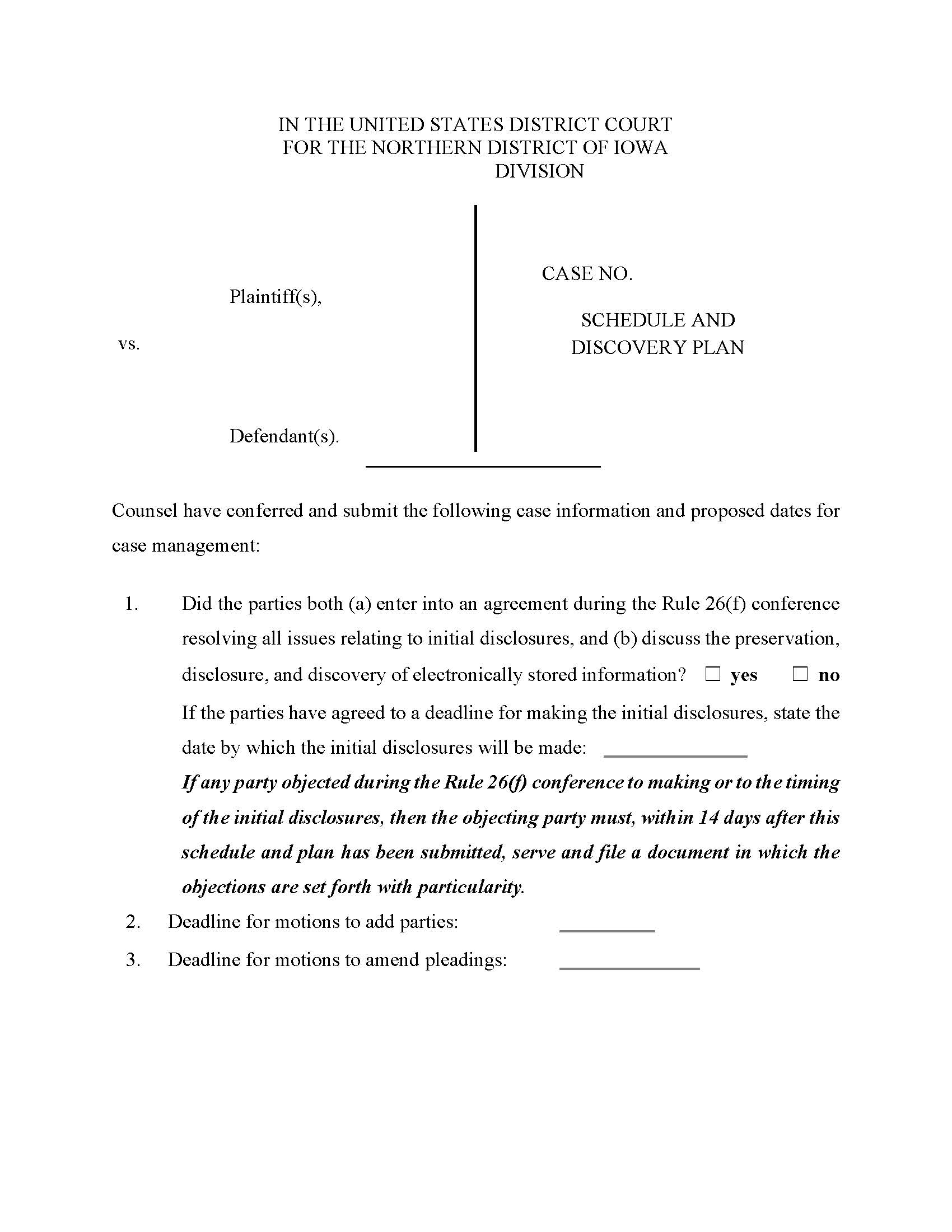 Schedule And Discovery Plan | Pdf Fpdf Doc Docx | Iowa