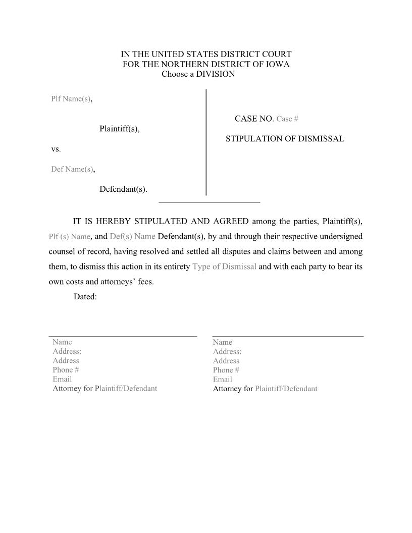 Stipulation of Dismissal | Pdf Fpdf Docx | Iowa