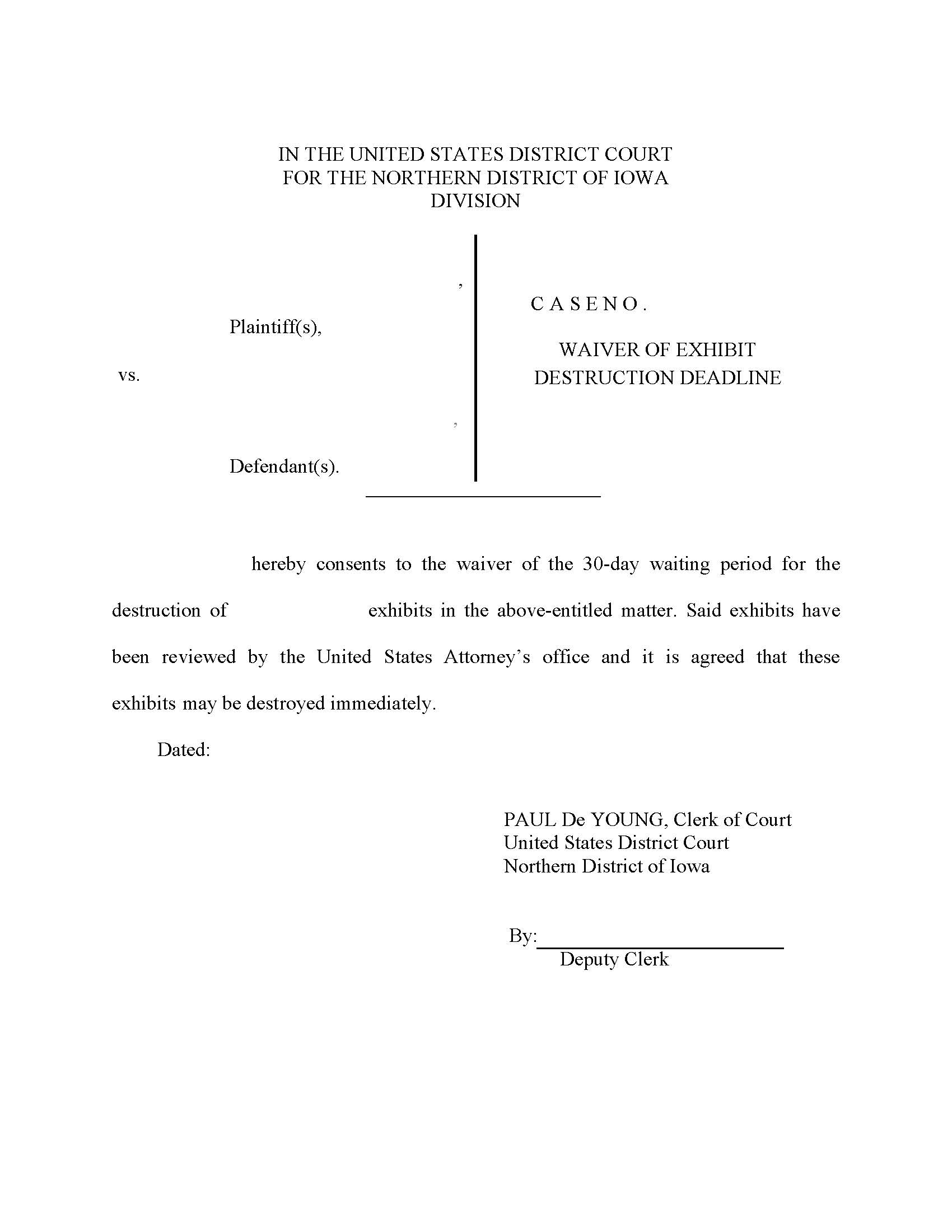 Waiver Of Exhibit Destruction Deadline | Pdf Fpdf Docx | Iowa