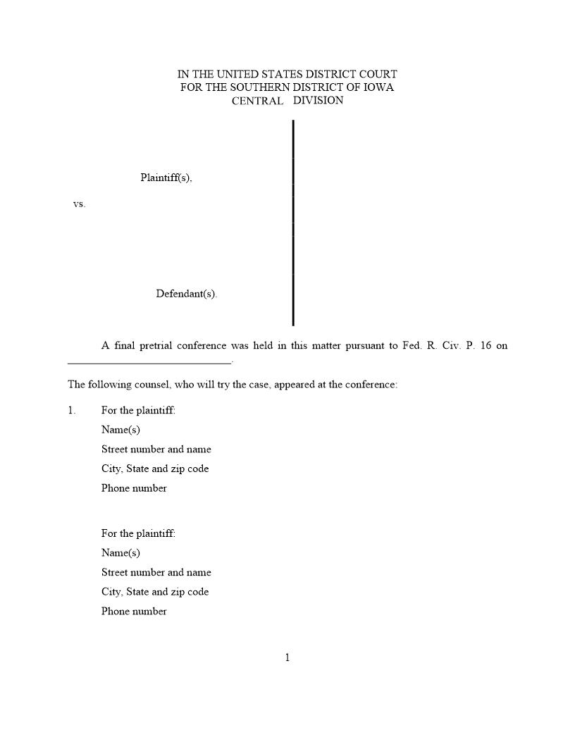 Final Pretrial Conference (Proposed) Order | Pdf Fpdf Docx | Iowa