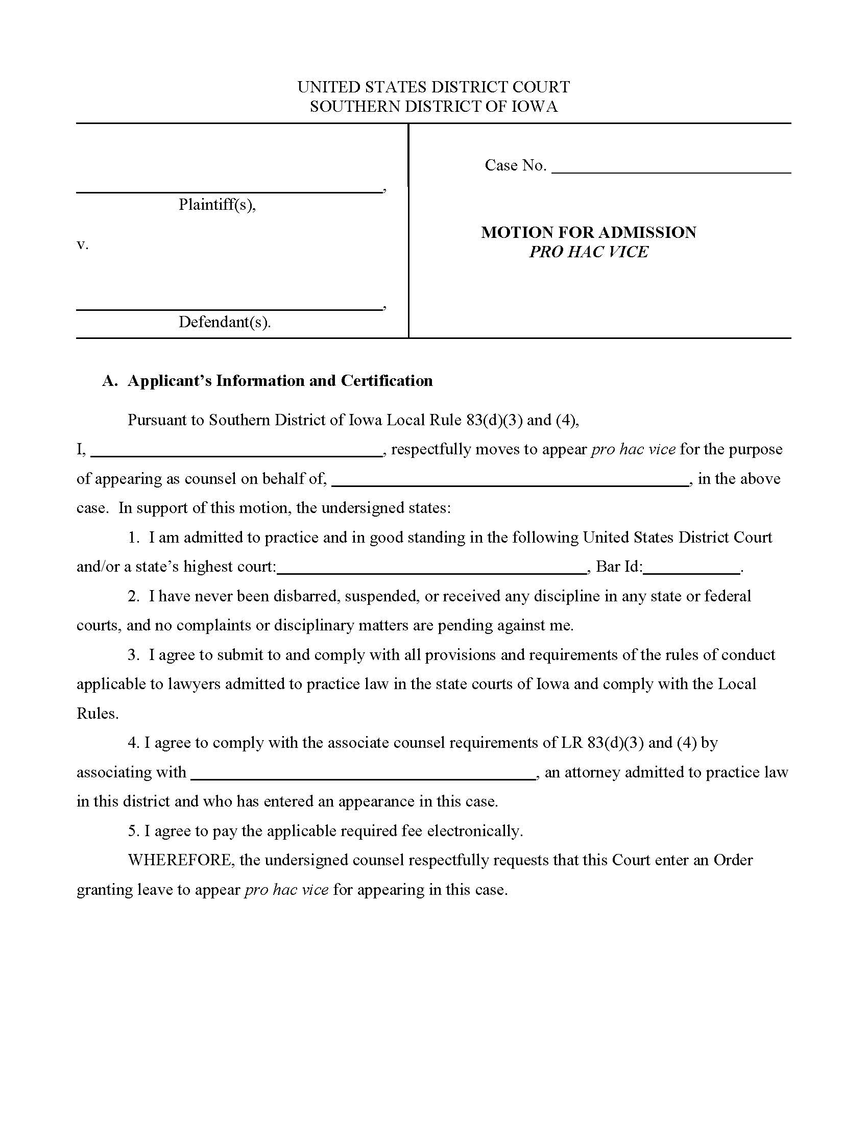 Motion For Admission Pro Hac Vice - Civil | Pdf Fpdf Docx | Iowa