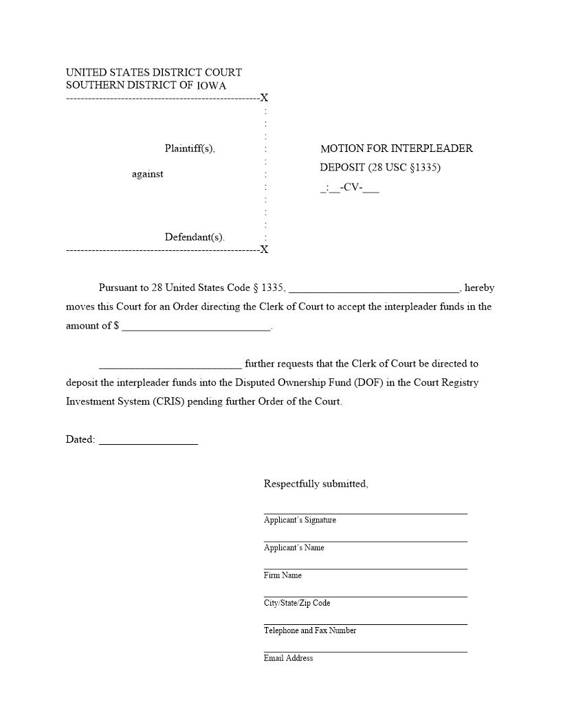 Motion For Interpleader Deposit | Pdf Fpdf Docx | Iowa