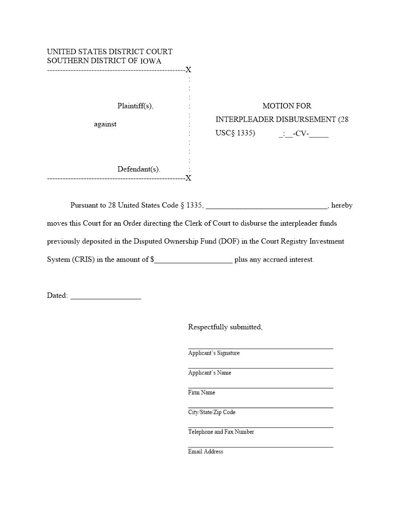 Motion For Interpleader Disbursement | Pdf Fpdf Docx | Iowa