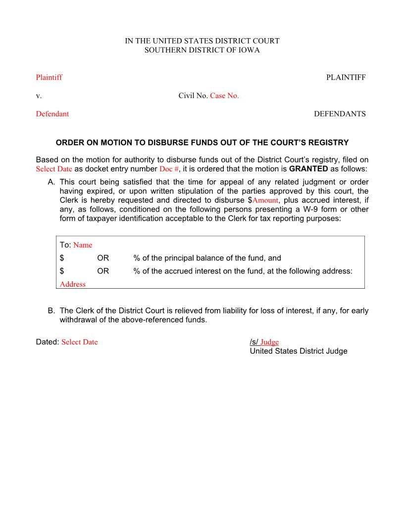 Order On Motion Disburse Funds Out Of Courts Registry (CRIS) | Pdf Fpdf Docx | Iowa