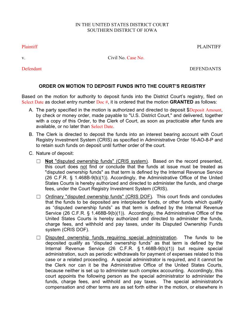 Order On Motion To Deposit Funds Into Courts Registry (CRIS) | Pdf Fpdf Docx | Iowa