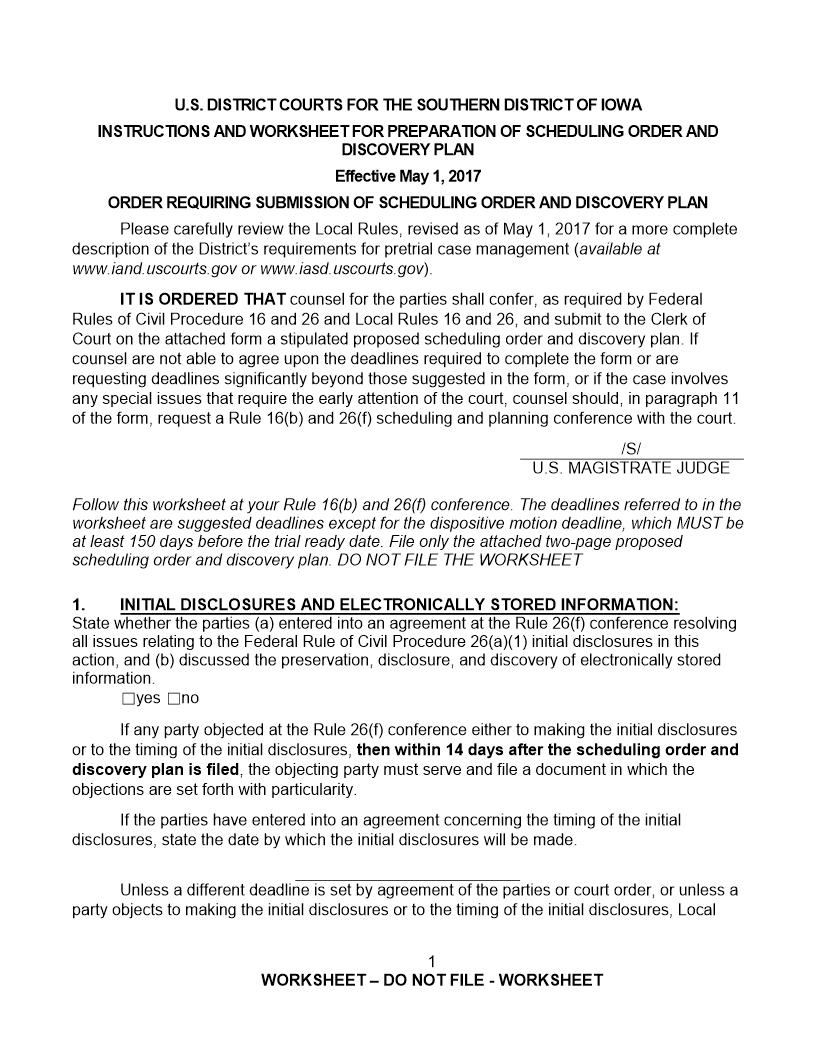 Scheduling Order and Discovery Plan | Pdf Fpdf Docx | Iowa