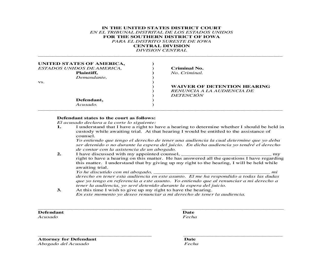 Waiver Of Detention Hearing (English And Spanish) | Pdf Fpdf Doc Docx | Iowa